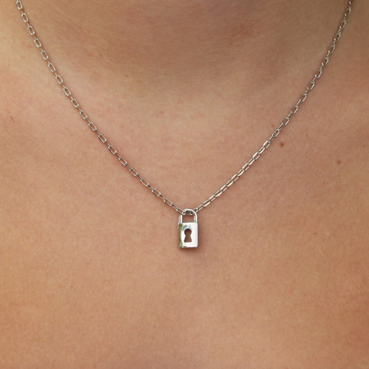 dainty silver lock necklace