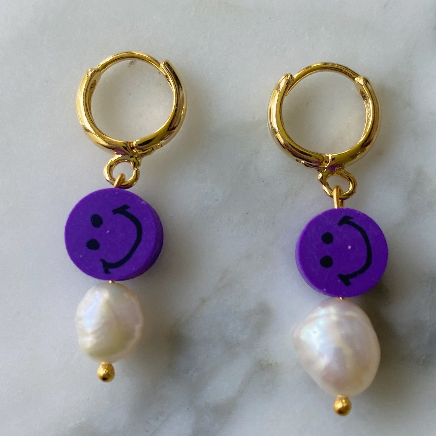 purple smiley face freshwater pearl huggies