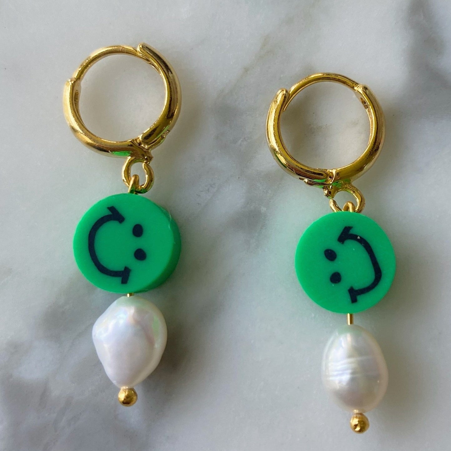 green smiley face freshwater pearl huggies